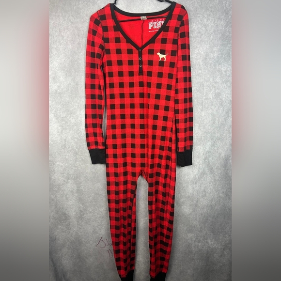 Victoria’s Secret PINK Buffalo Plaid One piece Pajamas Size M, Button Flap Back - Picture 1 of 11